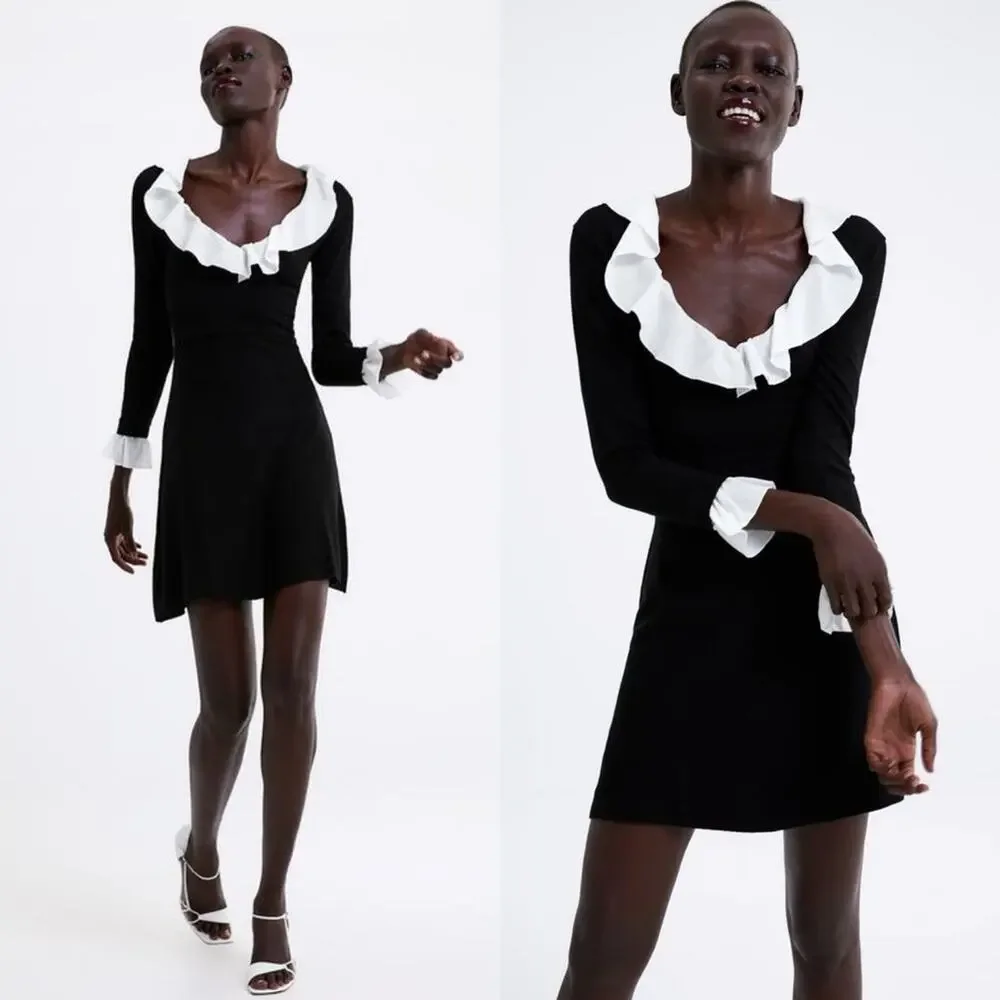 New Zara Black Knit Ruffle Neck Dress